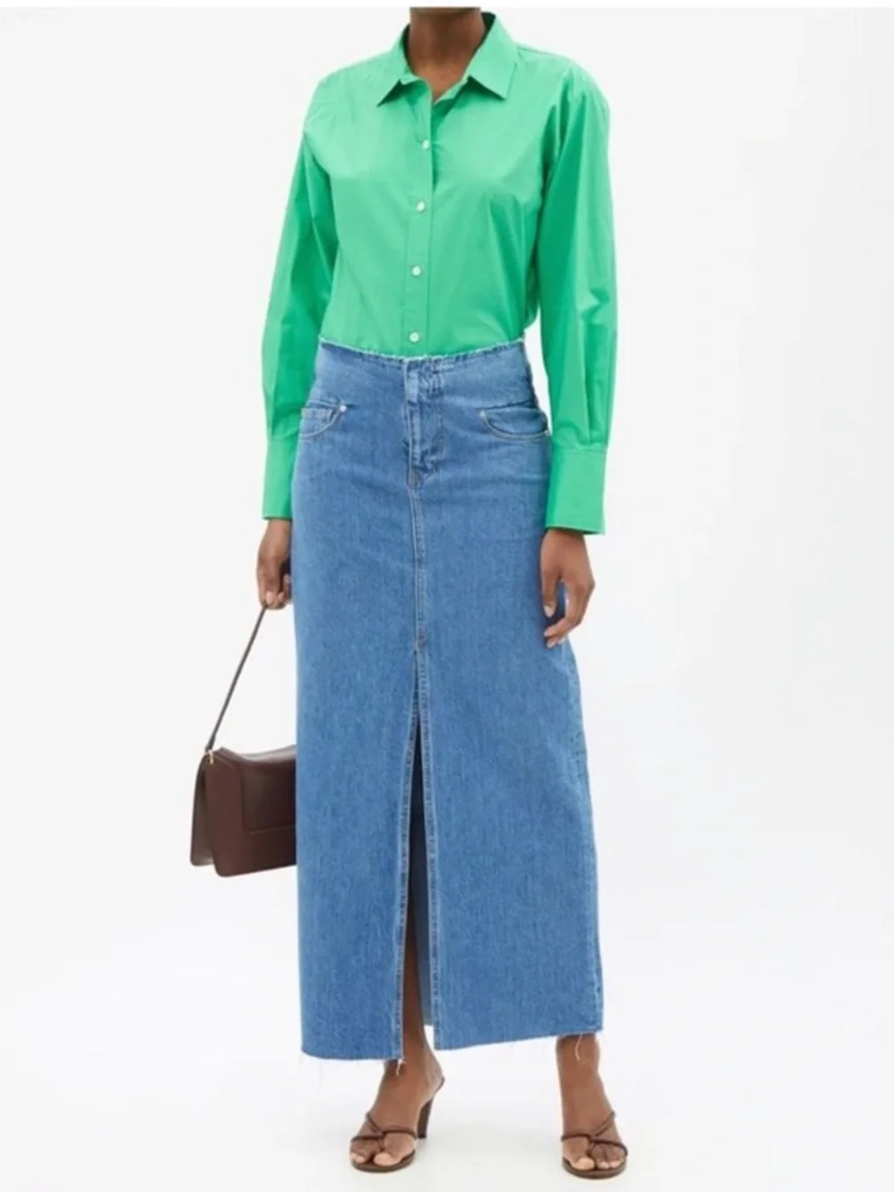 Frame Cut Off Waist Maxi Jean Denim Skirt Womens 24 Blue Front Slit Raw Hem